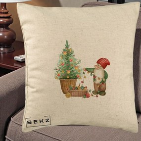 Perna Decorativa Pitic de Craciun cu Brad, 40x40 cm, Bej, Husa Detasabila, Perna Inclusa, BEKZ®