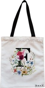 Sacosa de Panza pentru Cumparaturi, Geanta Tote, Cu litera F in Coronita Florala, Cu fermoar, 38x34.5 cm, Alba, BEKZ®