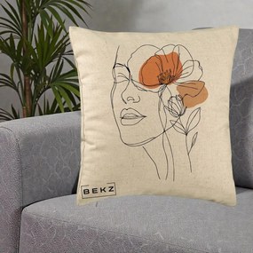 Perna Decorativa Portret Feminin Mac Profilat, 40x40 cm, Bej, Husa Detasabila, Perna Inclusa, BEKZ®