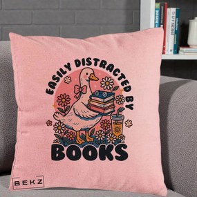 Perna Personalizata Easily Distracted by Books, 40x40 cm, Roz, Husa Detasabila, Perna Inclusa, BEKZ®