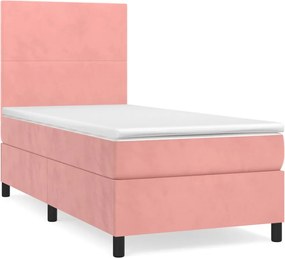vidaXL Pat box spring cu saltea, roz, 90x190 cm, catifea