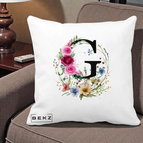 Cadou Personalizat - Perna Personalizata Monogram Litera G cu Flori Acuarela, 40x40 cm, Alba Mata, Husa Detasabila, Perna Inclusa, BEKZ®