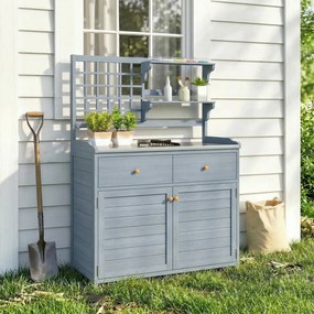 Outsunny Masă de plantat cu dulap inferior pentru exterior, dulap de grădină din lemn cu blat galvanizat, 2 sertare 104x44x140 cm Gri deschis | Aosom Romania
