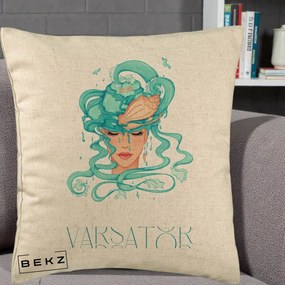 Perna Personalizata Zodiac Varsator Cowgirl, 40x40 cm, Bej, Husa Detasabila, Perna Inclusa, BEKZ®