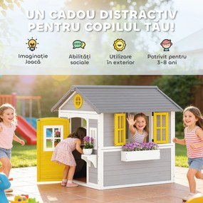 Outsunny Căsuță din Lemn pentru Copii 3-8 Ani, Căsuță de Grădină cu Ferestre, Acoperiș Înclinat, Ghivece și Jardiniere, Gri, Galben, Alb | Aosom Romania
