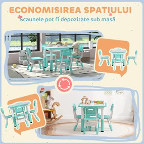 AIYAPLAY Set Măsuță și Scaune pentru Copii 18-60 Luni cu Înălțime Reglabilă și Tablă de Scris, 60x60x46-58 cm, Verde | Aosom Romania