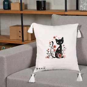 Perna Decorativa Pisica Neagra Flori Roz si Inimi, 40x40 cm, Bej cu Franjuri, Husa Detasabila, Perna Inclusa, BEKZ®