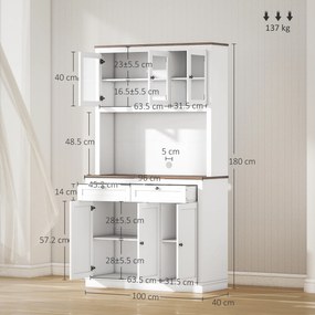 HOMCOM bufetieră înaltă de bucătărie cu 4 dulapuri, 2 sertare și blat central, 100x40x180 cm, alb | Aosom Romania