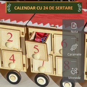 Calendar de Craciun, calendar advent in forma de tren cu Mos Craciun si lumina LED inclusa, lemn HOMCOM | Aosom Romania