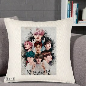 Perna Personalizata K-pop BTS Bangtan Boys Poster Artistic Negru Alb, 40x40 cm, Crem Reliefat, Husa Detasabila, Perna Inclusa, BEKZ®