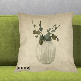 Perna Decorativa Vaza cu Eucalipt Watercolor, 40x40 cm, Crem, Husa Detasabila, Perna Inclusa, BEKZ®