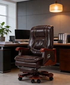 Regal Prestige– Scaun directorial din Piele Naturală si Lemn Masiv, Masaj in 7 puncte, Funcție Încălzire, Înclinare 135°, Suport Picioare Extensibil, Sezut cu Arcuri, Telecomandă, Maro