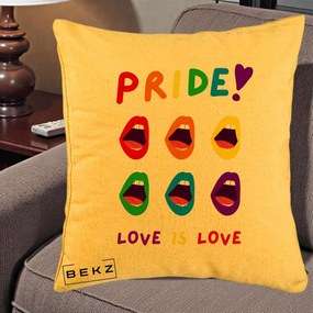 Perna Personalizata Pride Love is Love Curcubeu, 40x40 cm, Galben, Husa Detasabila, Perna Inclusa, BEKZ®