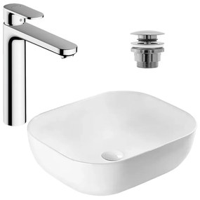 Pachet lavoar pe blat Rea Belinda Slim alb 46.5 cm, baterie lavoar Hansgrohe Vernis Blend crom si ventil lavoar Click-Clack crom