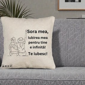 Cadou pentru Sora - Perna Personalizata Sora Mea Te Iubesc Line Art Portrete Colorate, 40x40 cm, Bej Canapea, Husa Detasabila, Perna Inclusa, BEKZ®