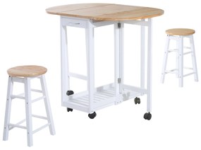 HOMCOM Set 3 Piese Masa Pliabila si 2 Scaune de Bar, Carucior de Bucatarie Economiseste Spatiu cu 6 roti - Alb si culoarea Lemnului