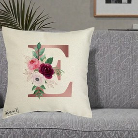 Cadou Personalizat - Perna Personalizata Monograma Rose Gold Litera E, 40x40 cm, Ecru, Husa Detasabila, Perna Inclusa, BEKZ®