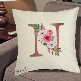 Cadou Personalizat - Perna Personalizata Monograma Rose Gold Litera N, 40x40 cm, Ecru, Husa Detasabila, Perna Inclusa, BEKZ®