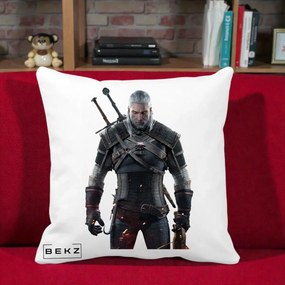 Perna Personalizata The Witcher Geralt of Rivia Portret, 40x40 cm, Alba Mata, Husa Detasabila, Perna Inclusa, BEKZ®