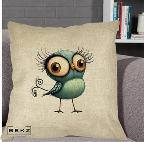 Perna Decorativa Pasare Teal cu Gene si Coada Spiralata, 40x40 cm, Crem, Husa Detasabila, Perna Inclusa, BEKZ®