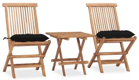 Set mobilier exterior pliabil cu perne, 3 piese, lemn masiv tec Negru, 3