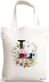 Sacosa de Panza pentru Cumparaturi, Geanta Tote, Cu litera L in Coronita Florala, 38x34.5 cm, Alba, BEKZ®