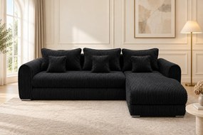 Colțar extensibil Sienna Mini din stofă raiată, negru, colț pe dreapta, cu ladă de depozitare