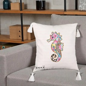Perna Decorativa Calut de Mare Glitter Tropical, 40x40 cm, Bej cu Franjuri, Husa Detasabila, Perna Inclusa, BEKZ®