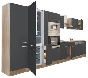 Mobilă de bucătărie Yorki 430, corp din stejar sonoma, față antracit satinat, frigider cu congelator în partea de jos