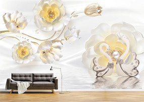 Tapet Premium Canvas - Abstract flori si lebede