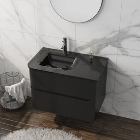 Set dulap baza suspendat Rune Jorunn 2 sertare 80 cm negru mat si lavoar negru