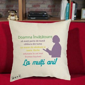 Cadou pentru Invatatoare - Perna Personalizata Doamna Invatatore La Multi Ani cu Silueta si Text Colorat, 40x40 cm, Ecru, Husa Detasabila, Perna Inclusa, BEKZ®