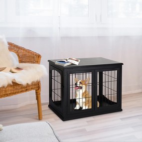 PawHut Cușcă pentru câine animale cușcă din MDF clasa E1 3 uși cu siguranță max. 30 Kg dim. 81L x 58l x 66Î cm negru | Aosom Romania