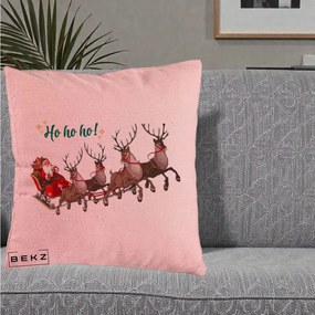 Perna Decorativa Ho Ho Ho Mos Craciun cu Sanie si Reni, 40x40 cm, Roz, Husa Detasabila, Perna Inclusa, BEKZ®