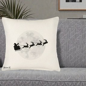 Perna Decorativa Mos Craciun Sanie Luna, 40x40 cm, Crem Reliefat, Husa Detasabila, Perna Inclusa, BEKZ®