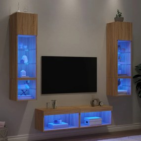 Unitati de perete TV cu LED-uri, 6 piese, stejar sonoma, lemn
