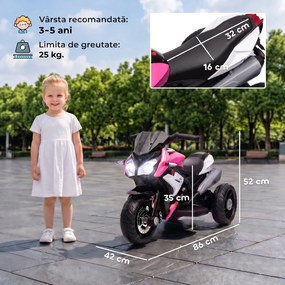 HOMCOM Motocicletă Electrică, 6 V, cu 3 Roți, pentru Copii de 3-5 Ani, Roz | Aosom Romania