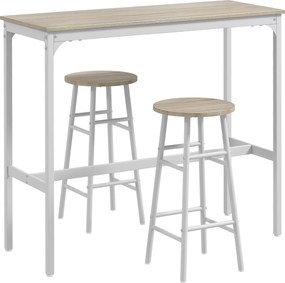 HOMCOM Set masă înaltă de bar + 2 scaune cu structură din oțel și blat cu aspect de lemn natural, pentru 2 persoane, alb | Aosom Romania