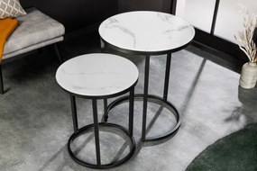 Neînvins Set de masă laterală rotundă Elegance cu 2 rame alb și negru cu aspect de marmură