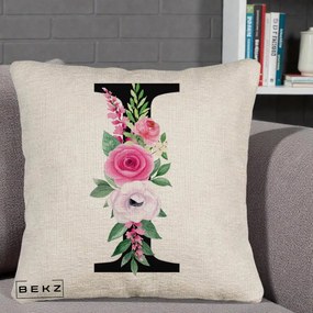Cadou Personalizat - Perna Personalizata Monograma Florala Litera I, 40x40 cm, Bej Canapea, Husa Detasabila, Perna Inclusa, BEKZ®
