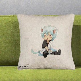 Perna Personalizata Gintama Gintoki Chibi Pisica, 40x40 cm, Bej Canapea, Husa Detasabila, Perna Inclusa, BEKZ®