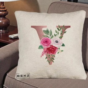 Cadou Personalizat - Perna Personalizata Monograma Rose Gold Litera V, 40x40 cm, Bej Canapea, Husa Detasabila, Perna Inclusa, BEKZ®