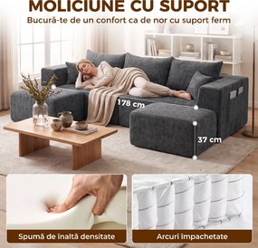HOMCOM Canapea modulară în U, 3 locuri, fără cadru, cu 2 taburete, șezut și cotiere late, din chenille, gri închis | Aosom Romania