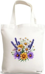 Sacosa de Panza pentru Cumparaturi, Geanta Tote, model Flowers 15 38 x 34.5 cm, Alba, BEKZ®