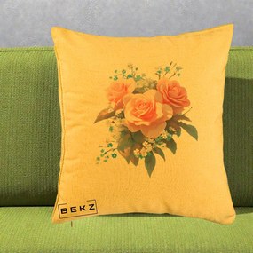 Perna Decorativa Trandafiri Roz cu Floricele Albastre, 40x40 cm, Galben, Husa Detasabila, Perna Inclusa, BEKZ®