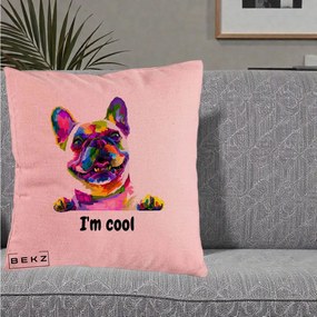 Perna Personalizata Bulldog Francez I'm Cool, 40x40 cm, Roz, Husa Detasabila, Perna Inclusa, BEKZ®