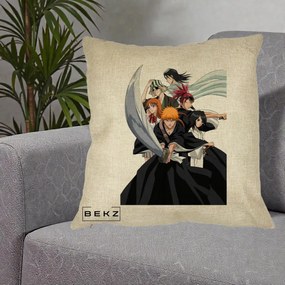 Perna Personalizata Bleach Grup Complet Ichigo si Prietenii, 40x40 cm, Crem, Husa Detasabila, Perna Inclusa, BEKZ®