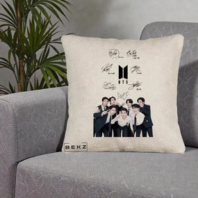 Perna Personalizata K-pop BTS Autografe Toti Membrii cu Fotografie, 40x40 cm, Bej Canapea, Husa Detasabila, Perna Inclusa, BEKZ®