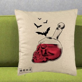 Perna Decorativa Halloween Craniu-Sticla cu Lilieci, 40x40 cm, Bej, Husa Detasabila, Perna Inclusa, BEKZ®