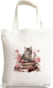 Sacosa de Panza pentru Cumparaturi, Geanta Tote, model Reading cat 12 38 x 34.5 cm, Alba, BEKZ®